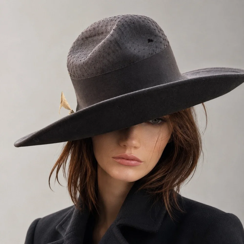 Vintage Grey Felt Wide Brim Fedora Hat with Netting and Yellow Feathers